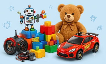 Teddy bear, robot, building blocks and toy car