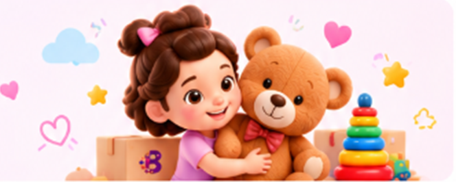 Girl hugging teddy bear with toys