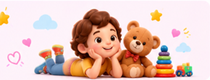 Child lying with teddy bear and toys